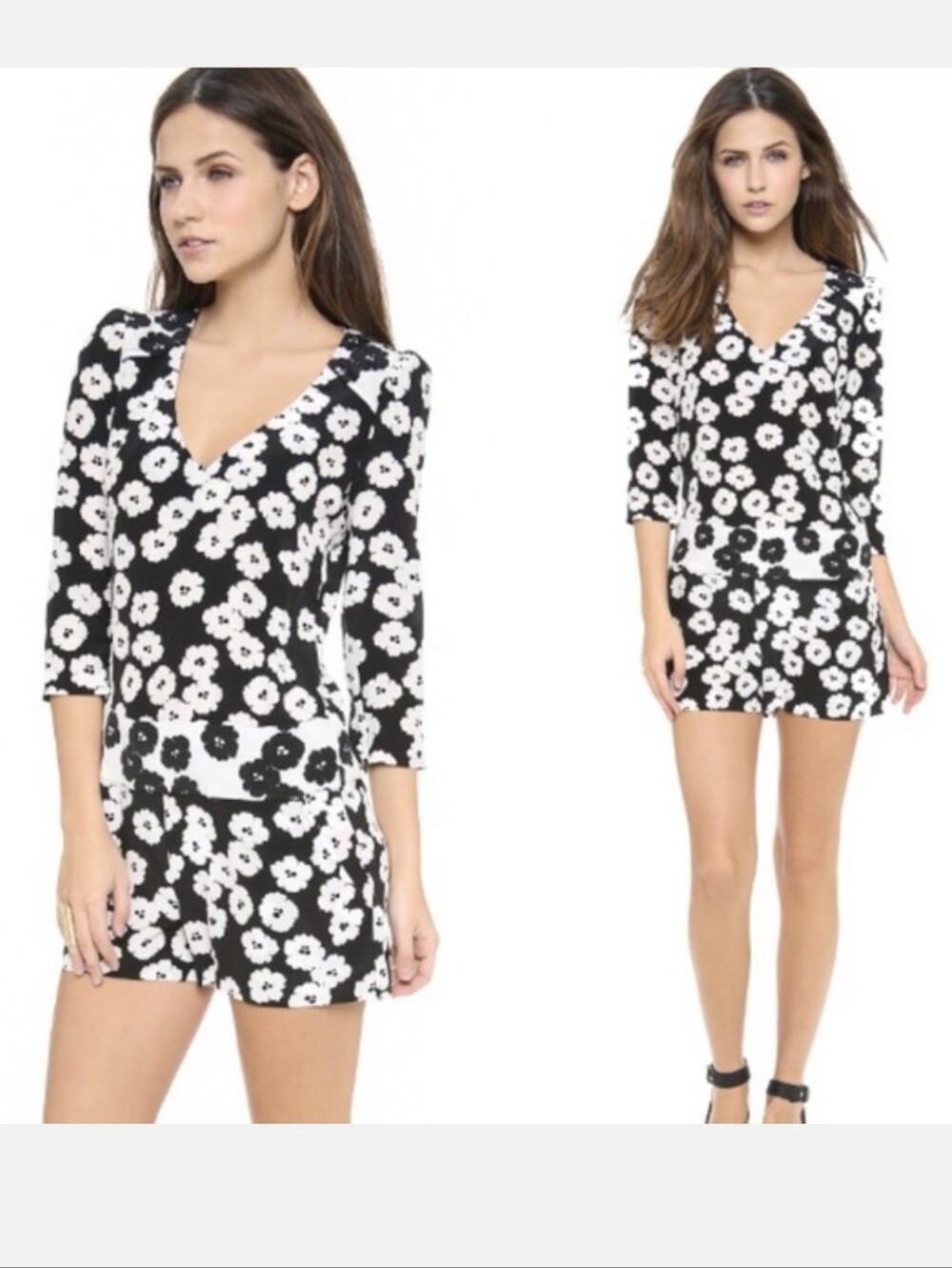 Pam & Gela Black and White Poppy Floral Silk Shorts Jumpsuit